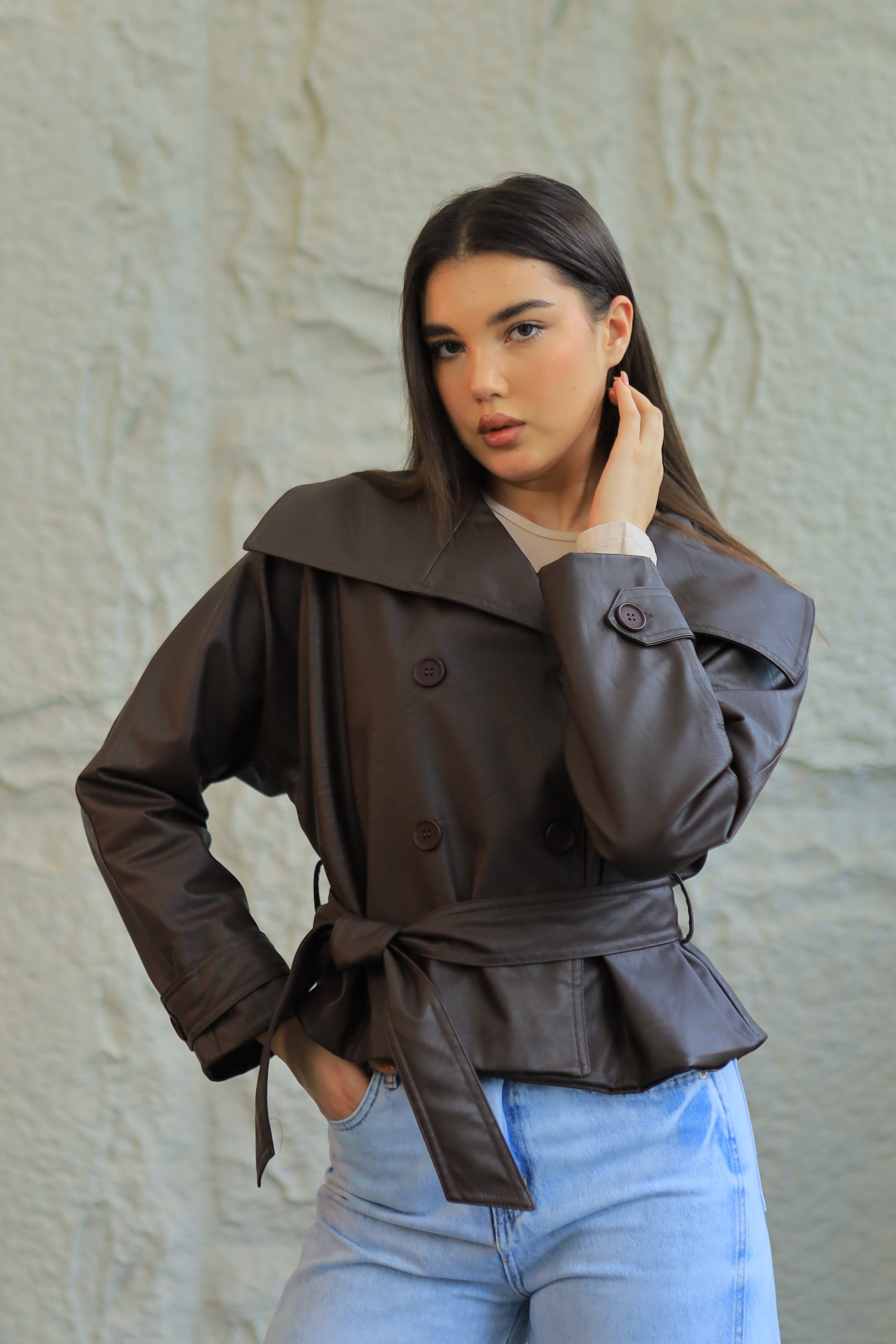 Cropped Faux-Leather Trench Jacket