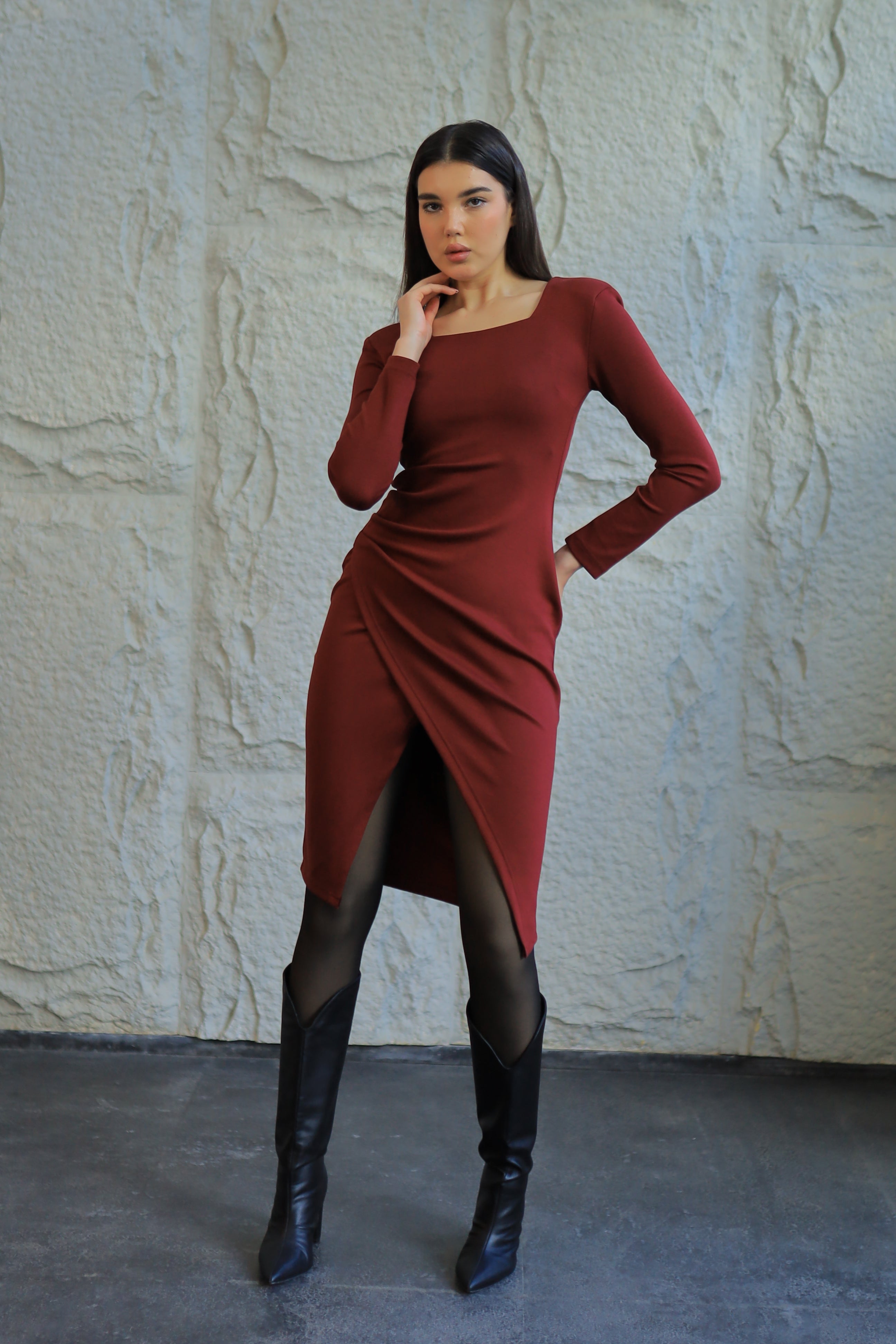 Burgundy Gathered Midi Dress