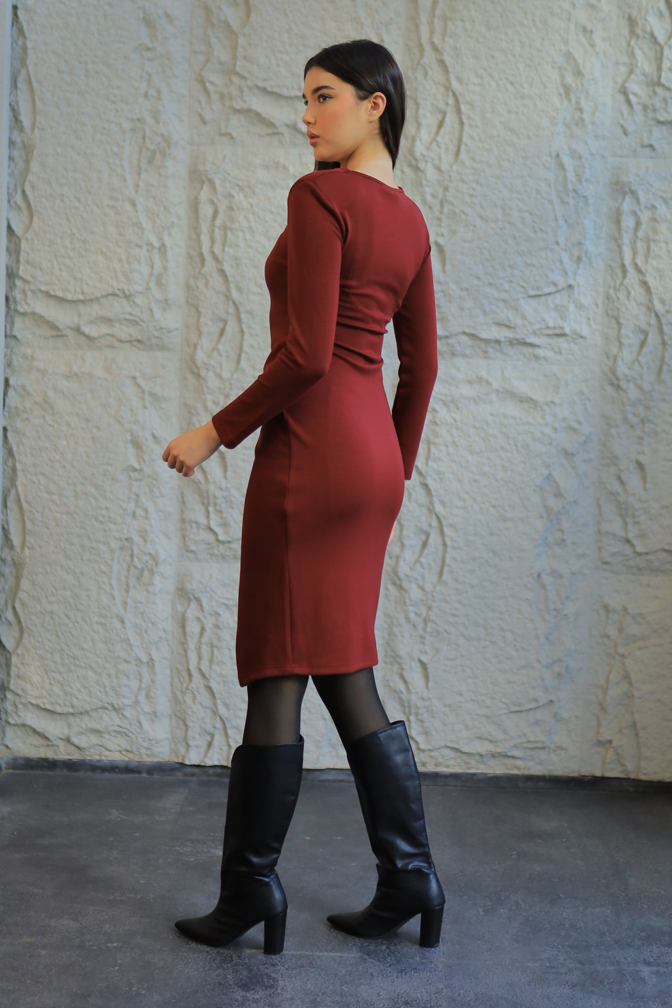 Burgundy Gathered Midi Dress