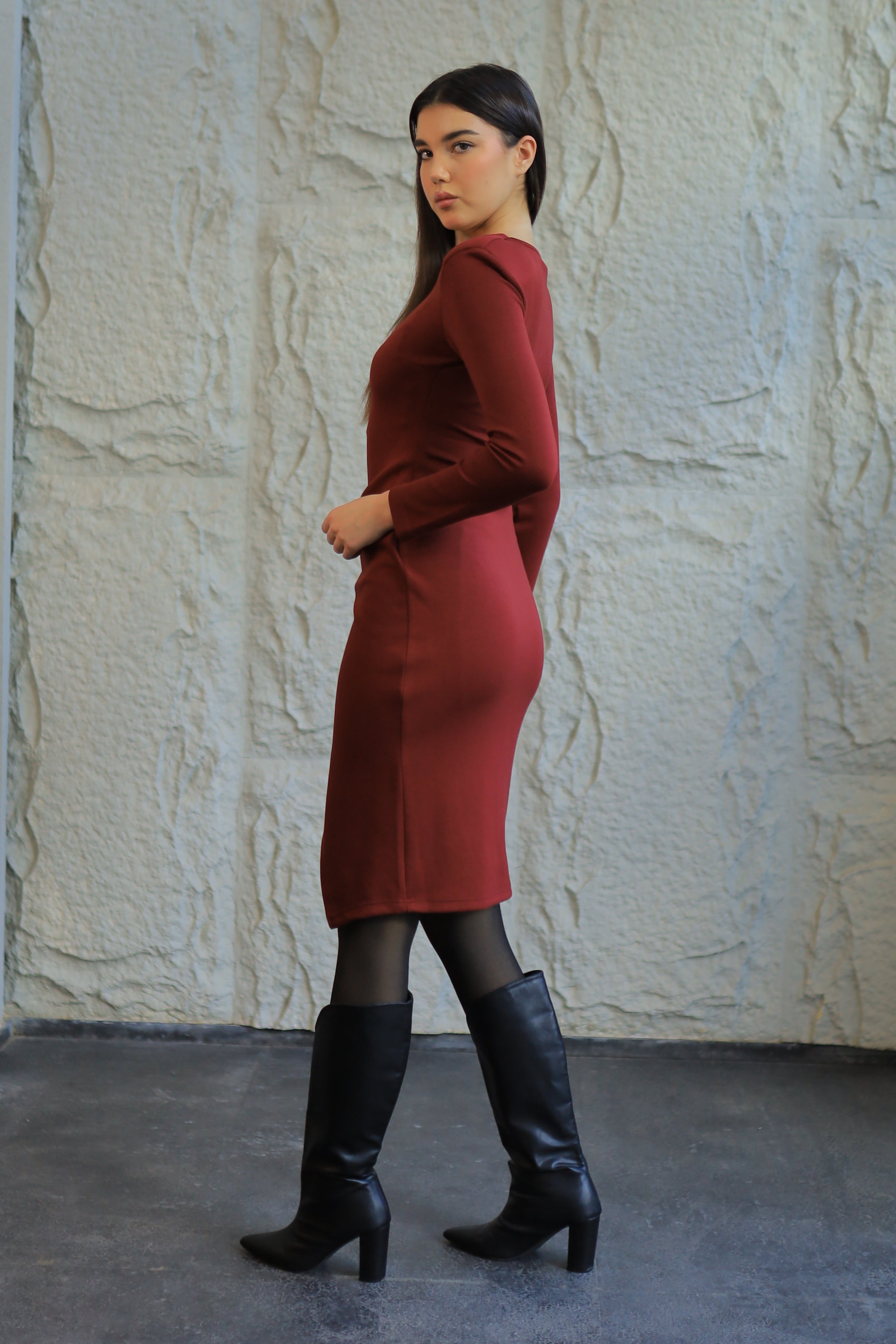 Burgundy Gathered Midi Dress