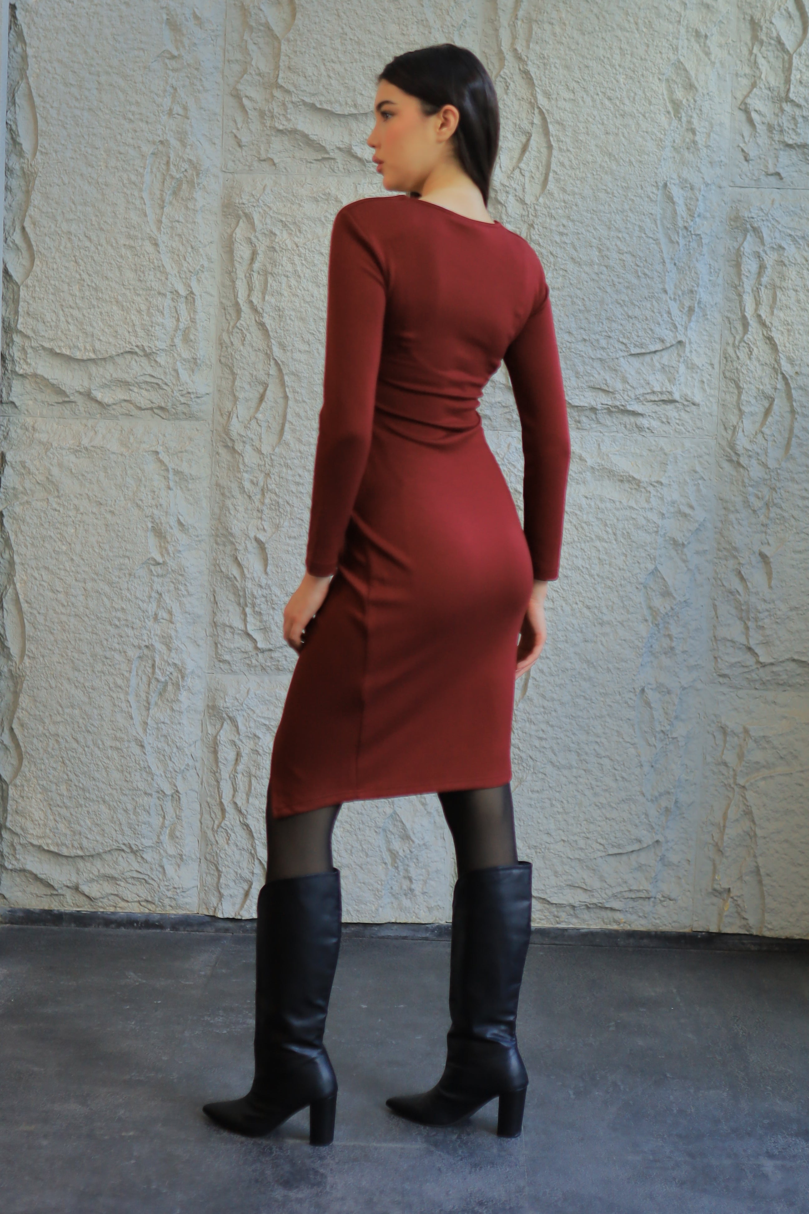 Burgundy Gathered Midi Dress