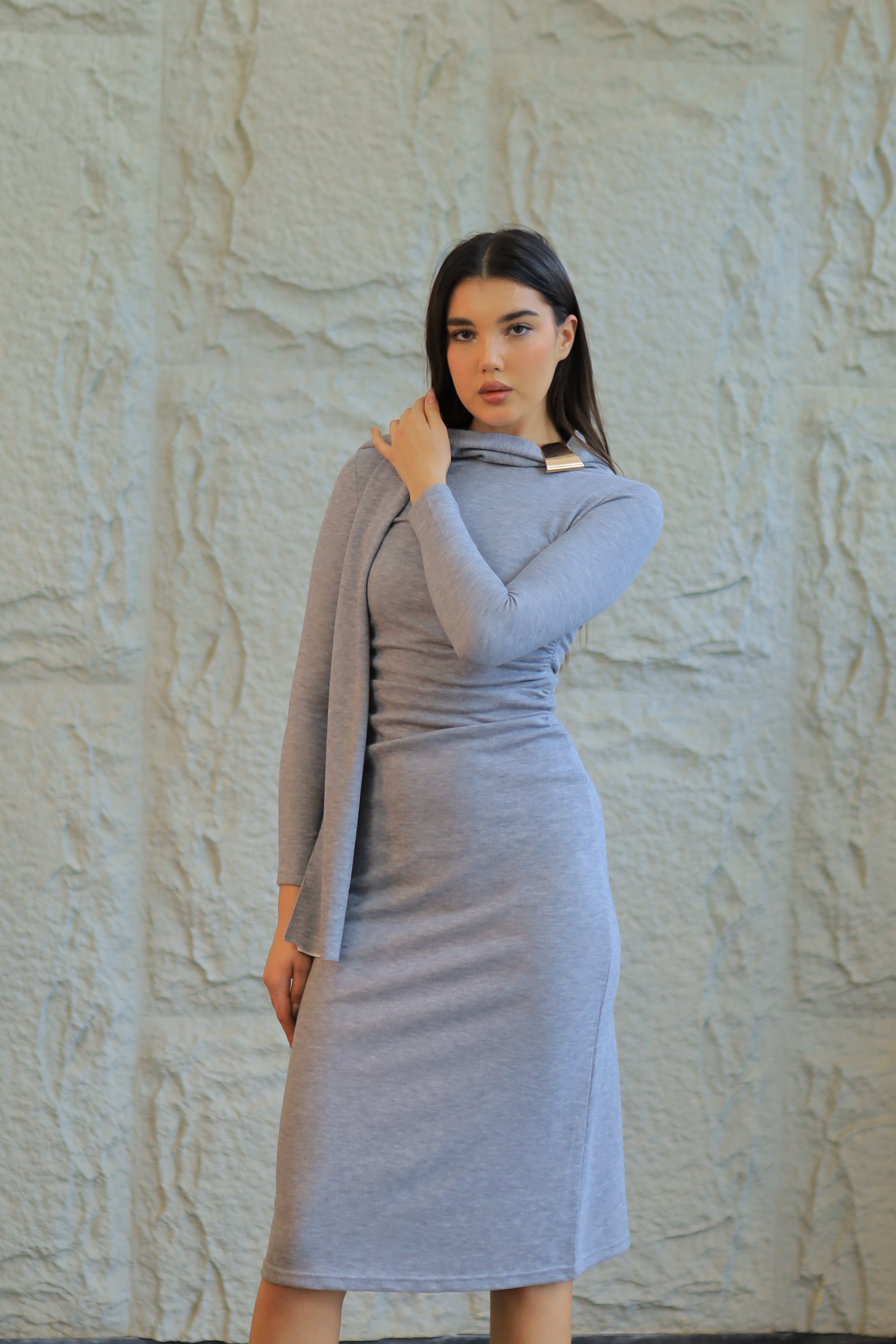 Grey Draped Midi Dress