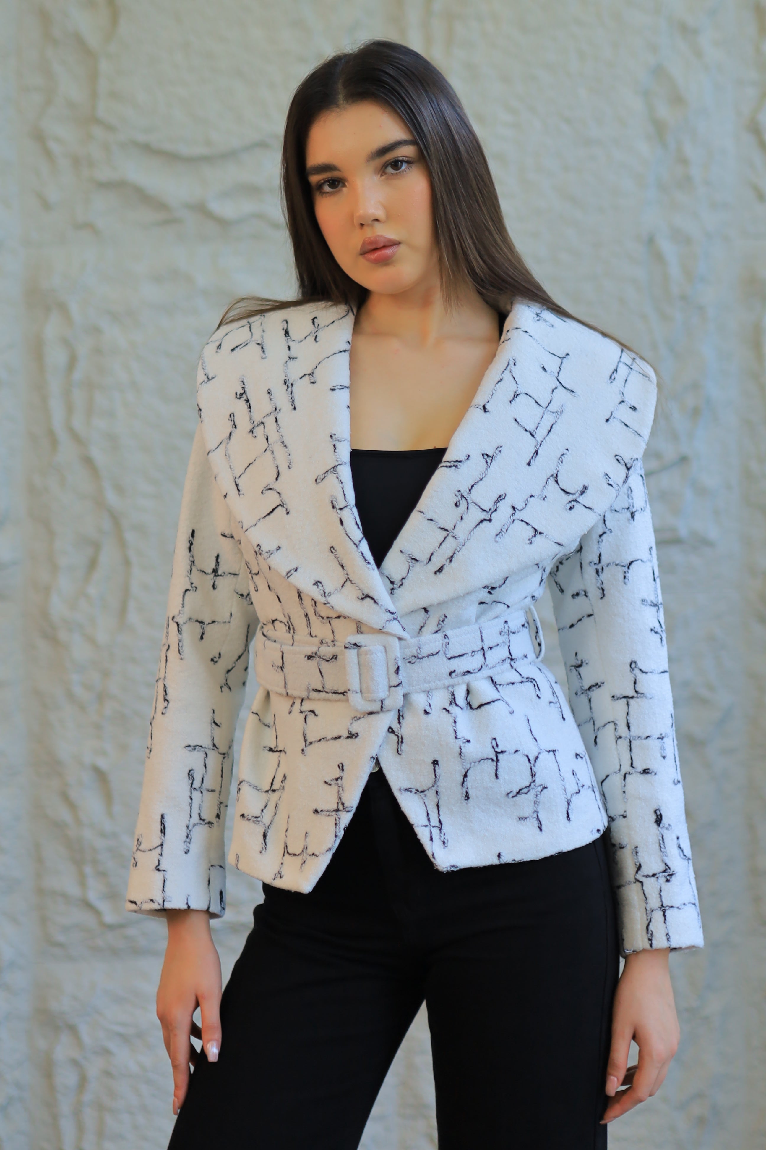 White Textured Belted Jacket