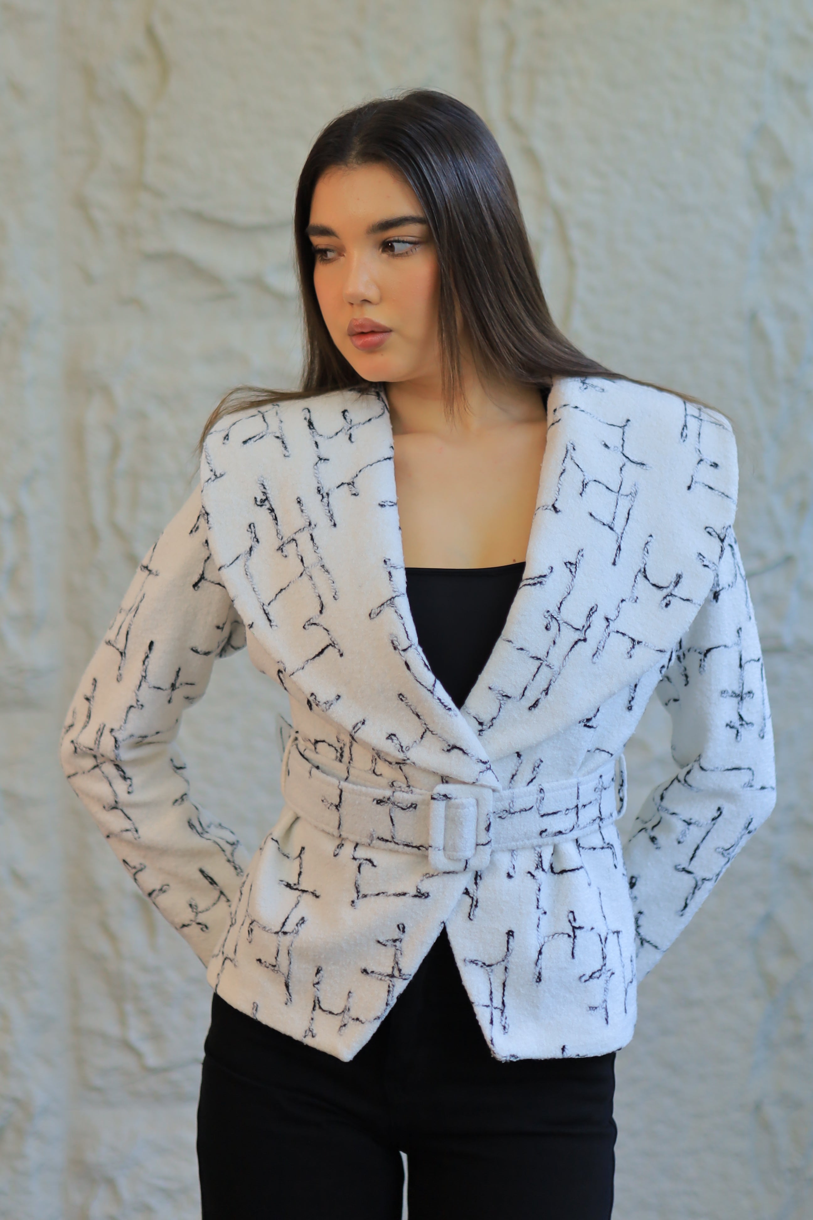 White Textured Belted Jacket