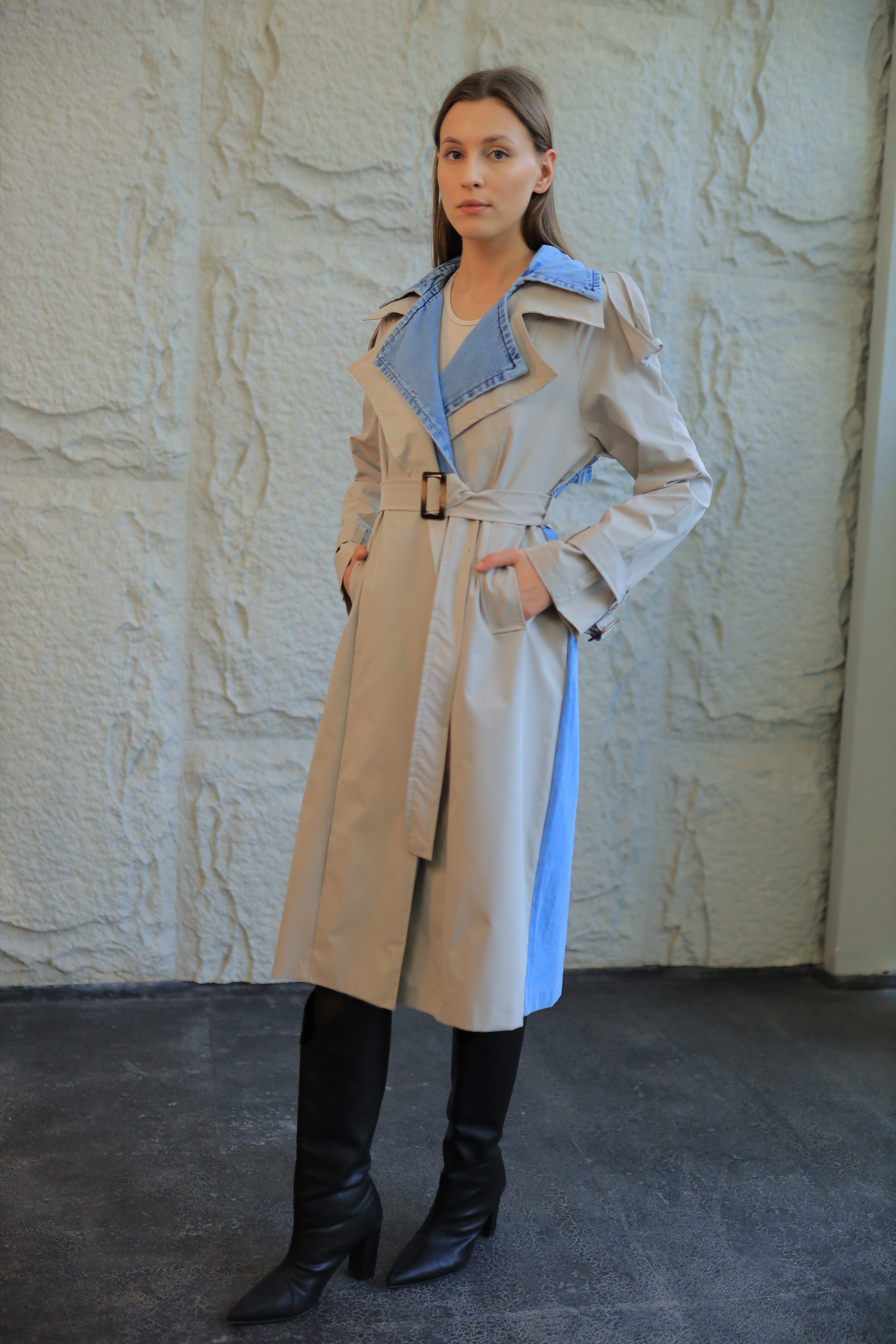 Two-Tone Trench Coat with Full Denim Back