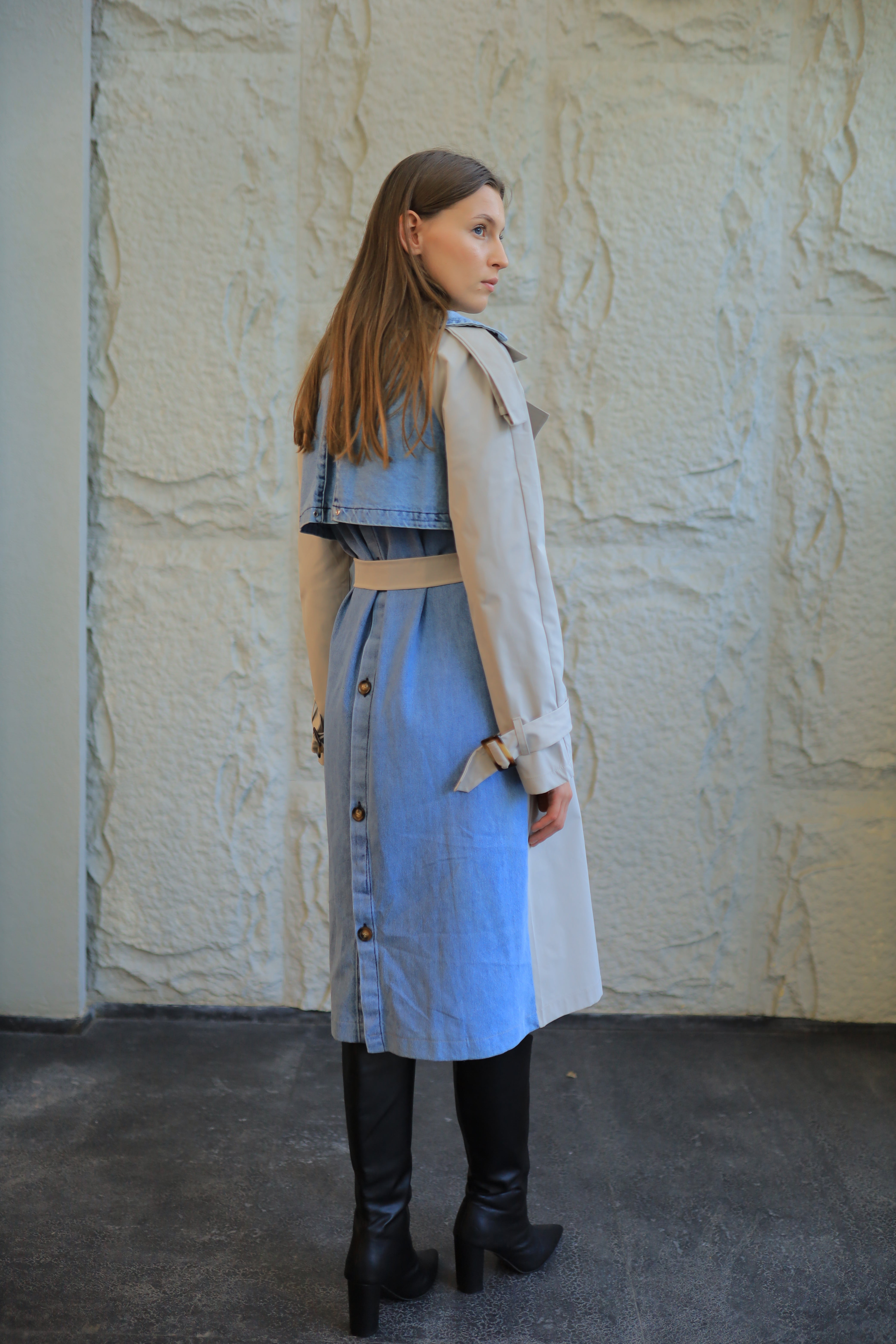 Two-Tone Trench Coat with Full Denim Back