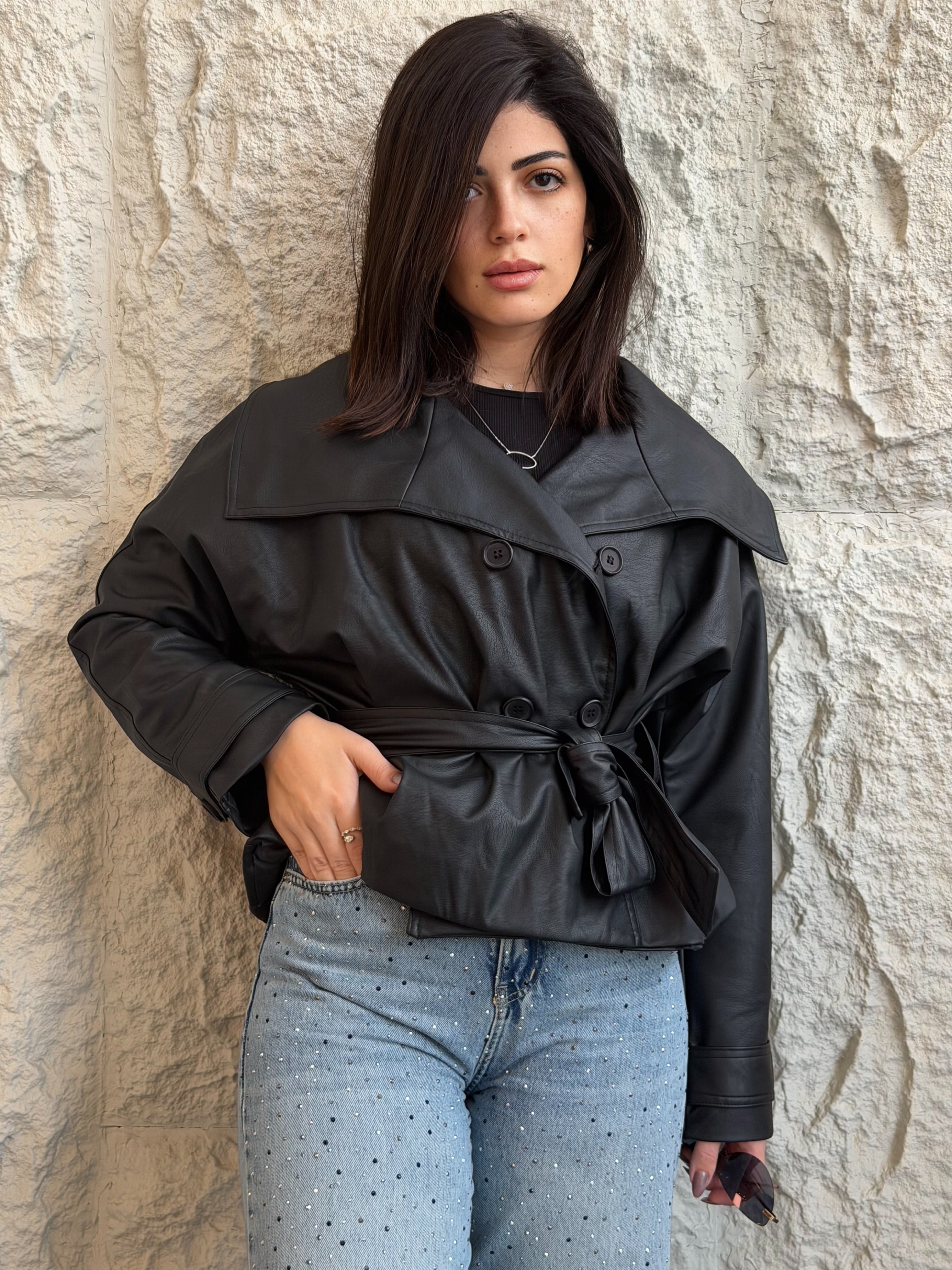 Cropped Faux-Leather Trench Jacket