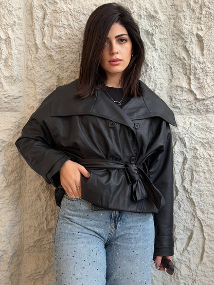 Cropped Faux-Leather Trench Jacket