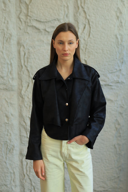 CROPPED FAUX LEATHER JACKET WITH INNER VEST