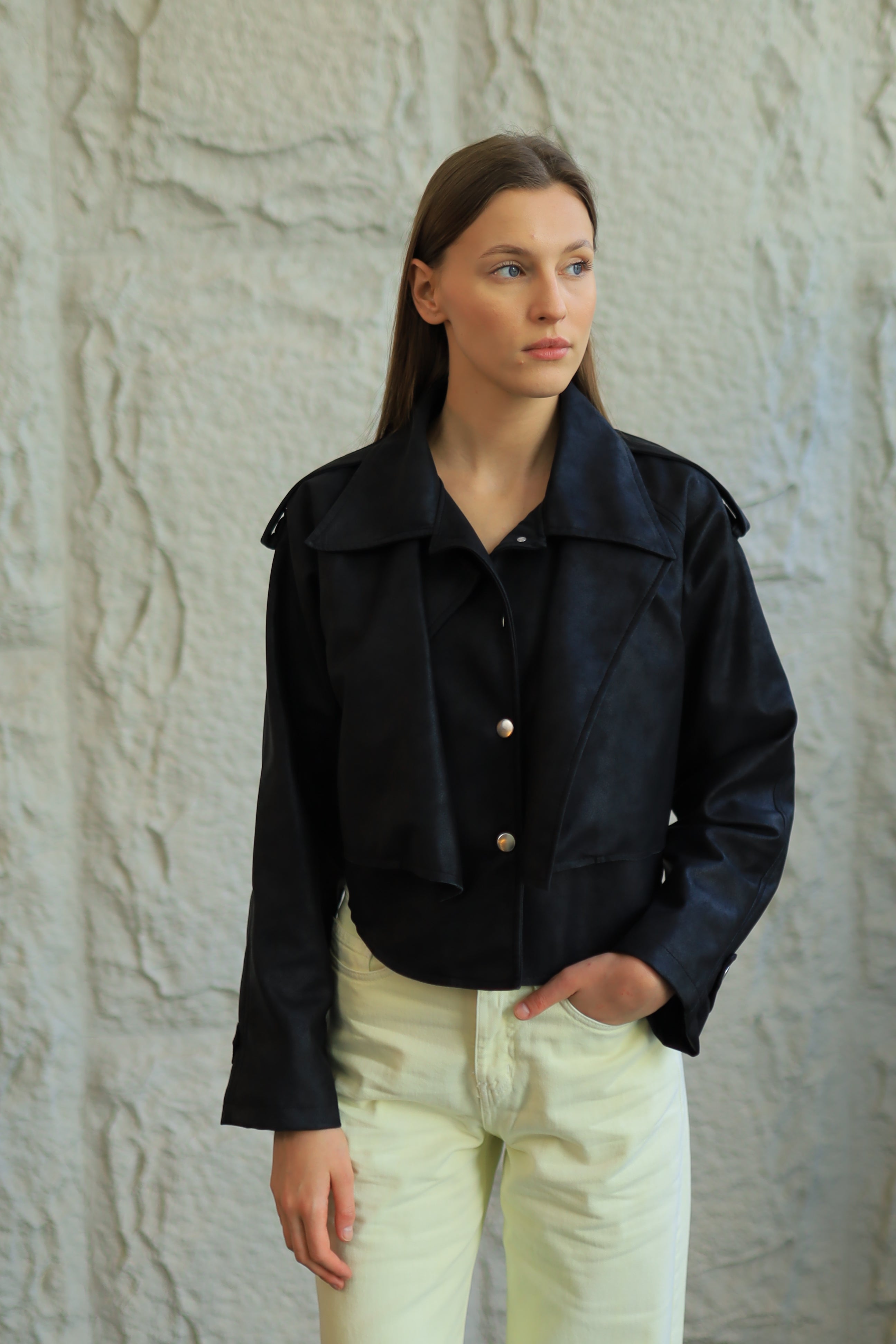 CROPPED FAUX LEATHER JACKET WITH INNER VEST