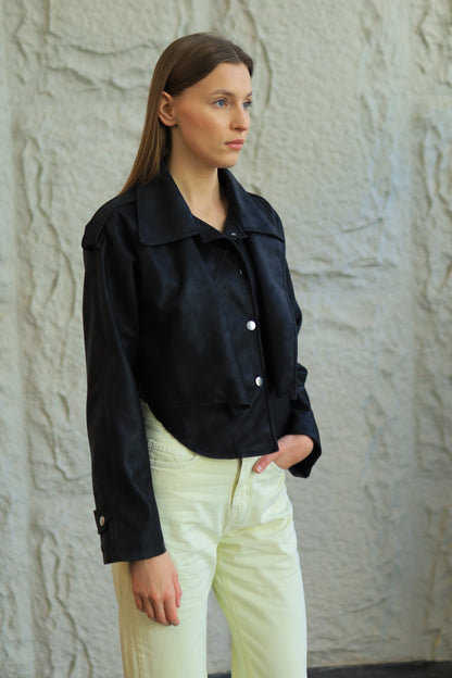 CROPPED FAUX LEATHER JACKET WITH INNER VEST