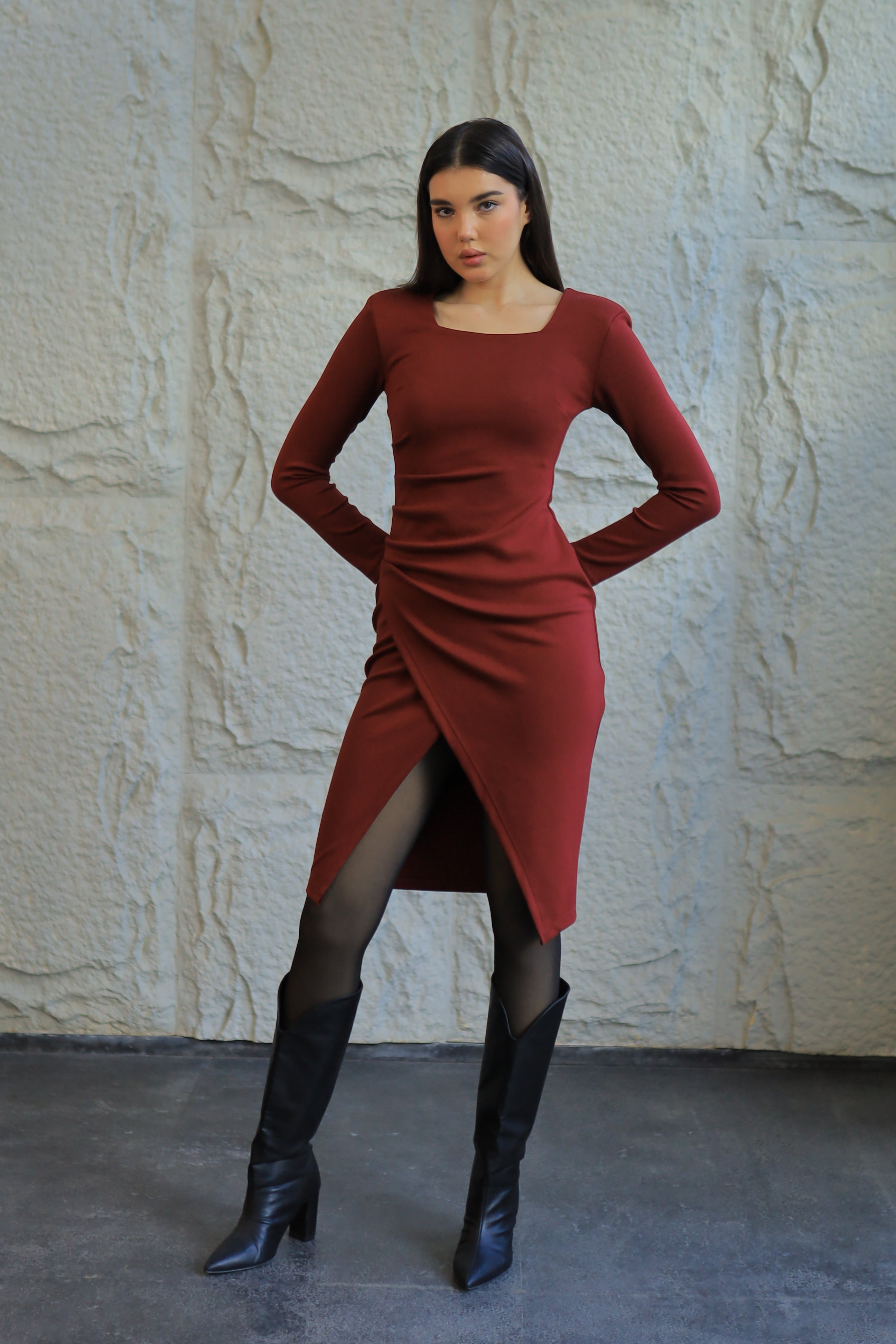 Burgundy Gathered Midi Dress