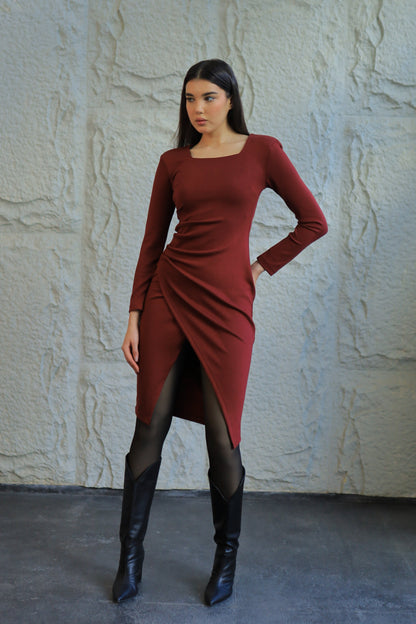 Burgundy Gathered Midi Dress