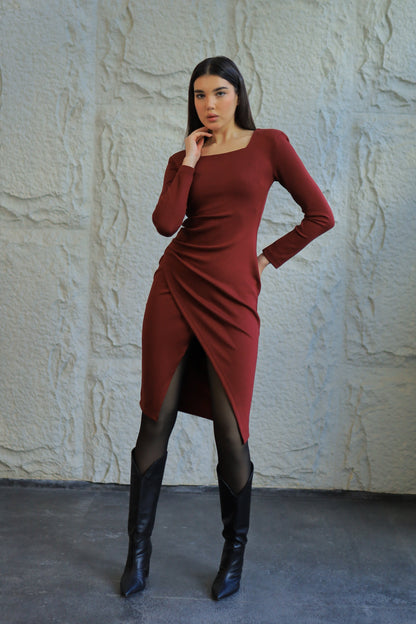 Burgundy Gathered Midi Dress