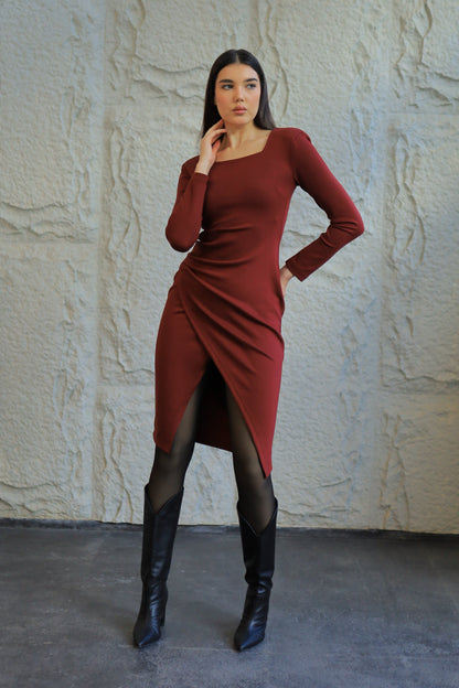 Burgundy Gathered Midi Dress