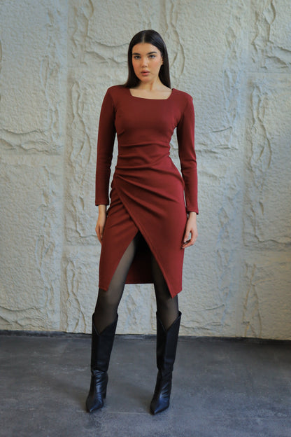 Burgundy Gathered Midi Dress