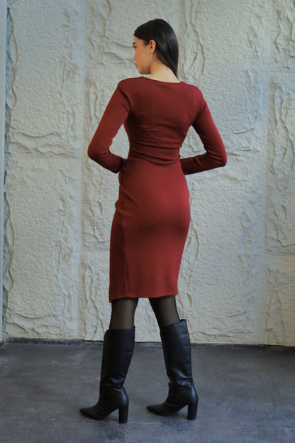 Burgundy Gathered Midi Dress