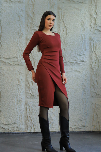 Burgundy Gathered Midi Dress