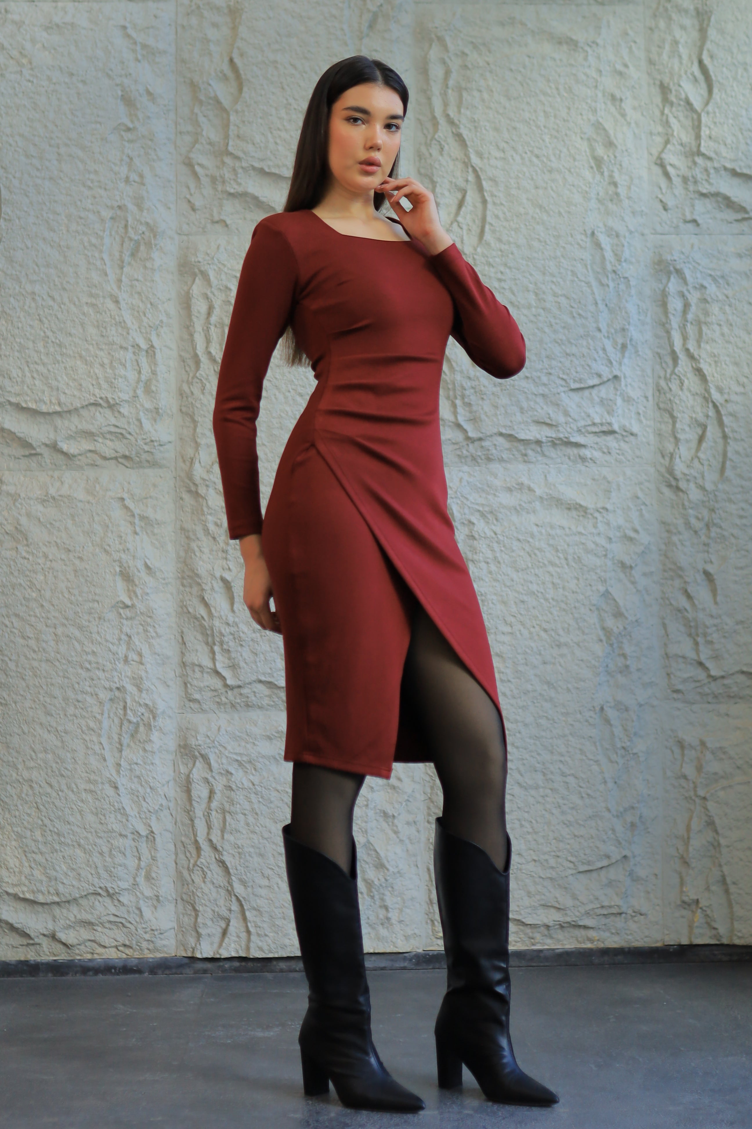 Burgundy Gathered Midi Dress