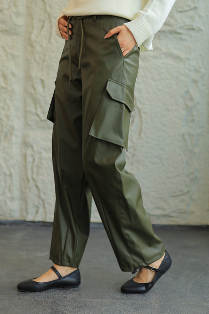 FAUX LEATHER CARGO PANTS