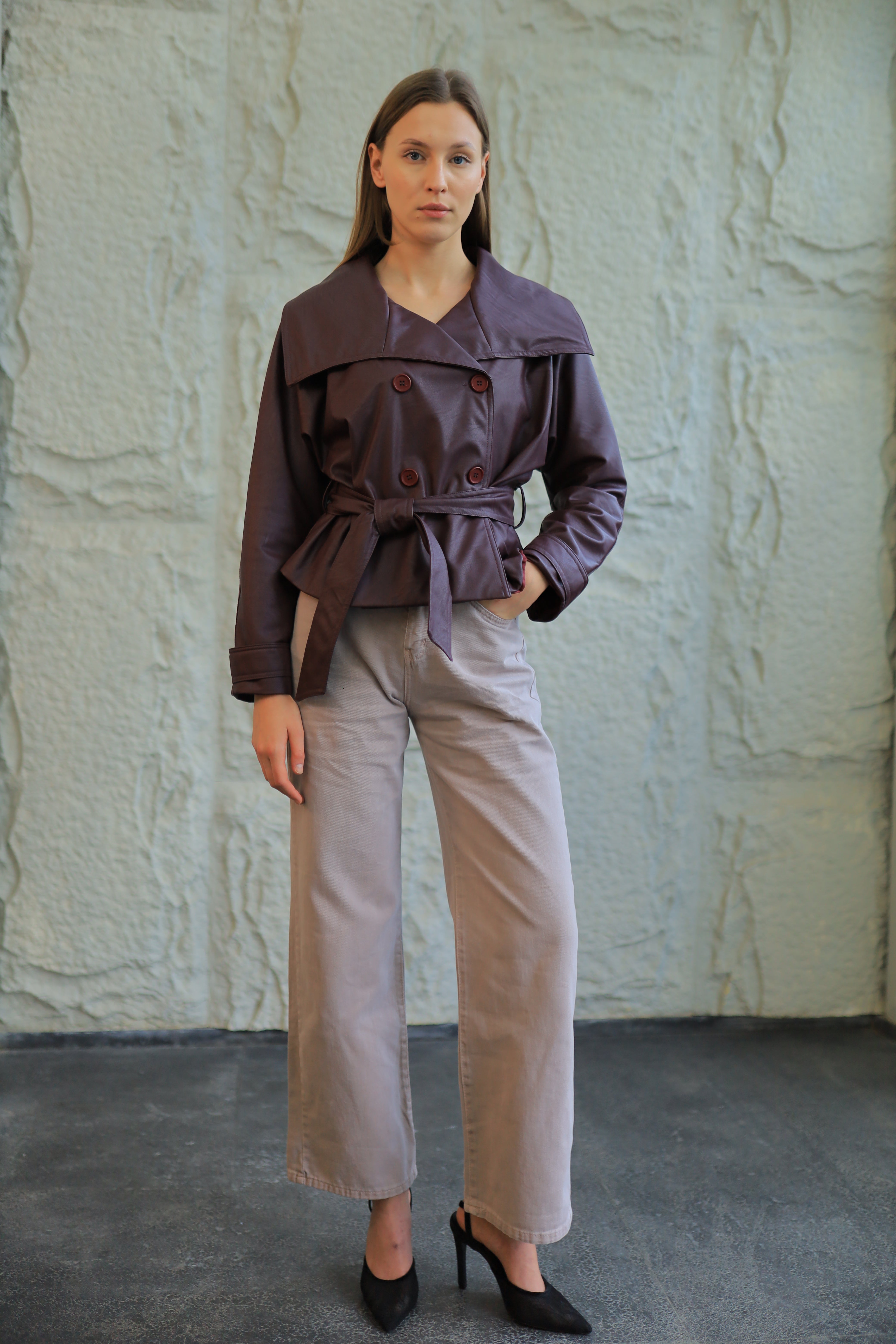 Cropped Faux-Leather Trench Jacket