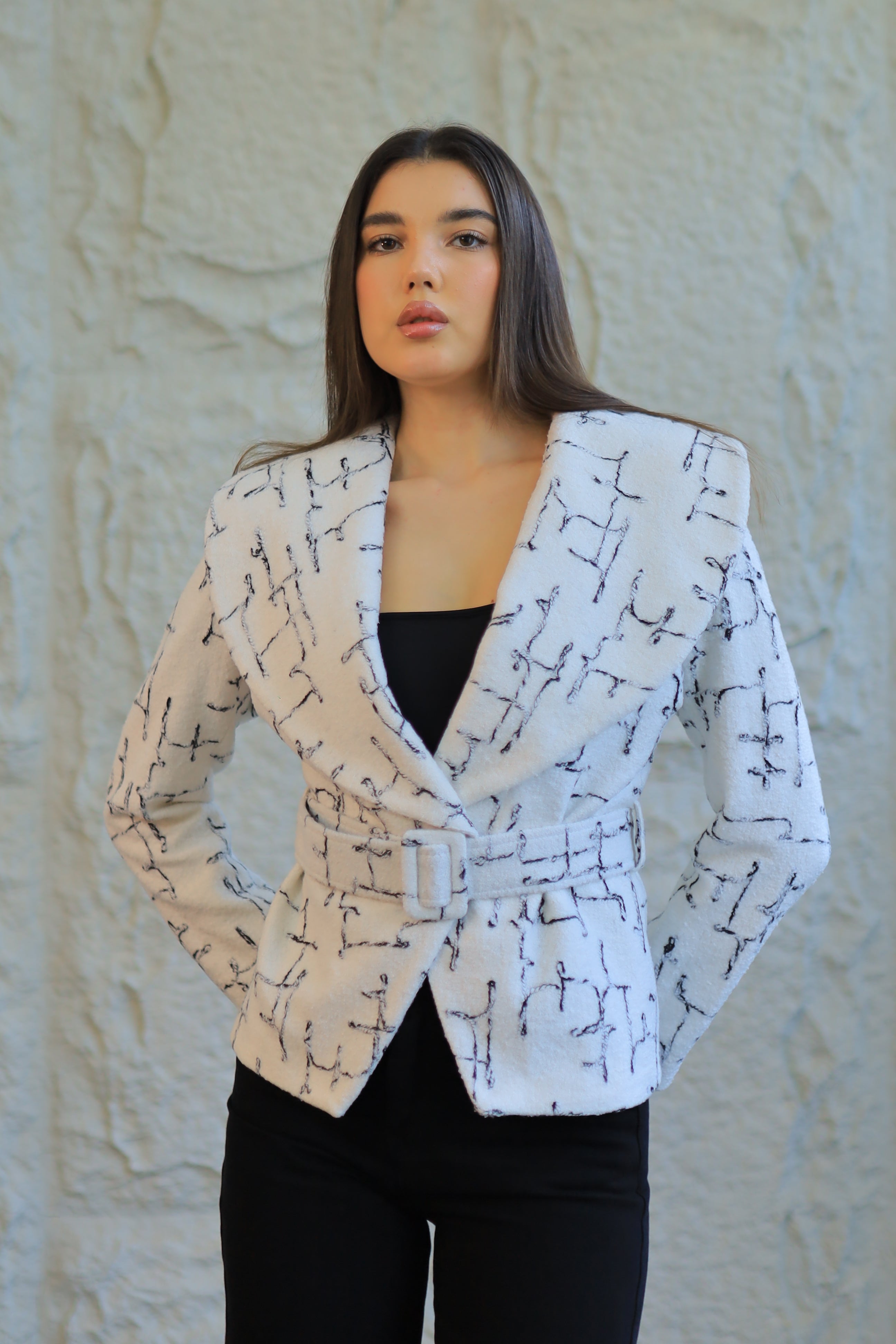 White Textured Belted Jacket