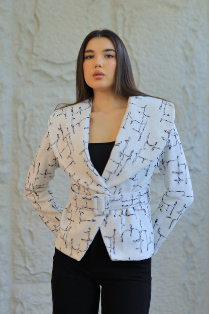 White Textured Belted Jacket