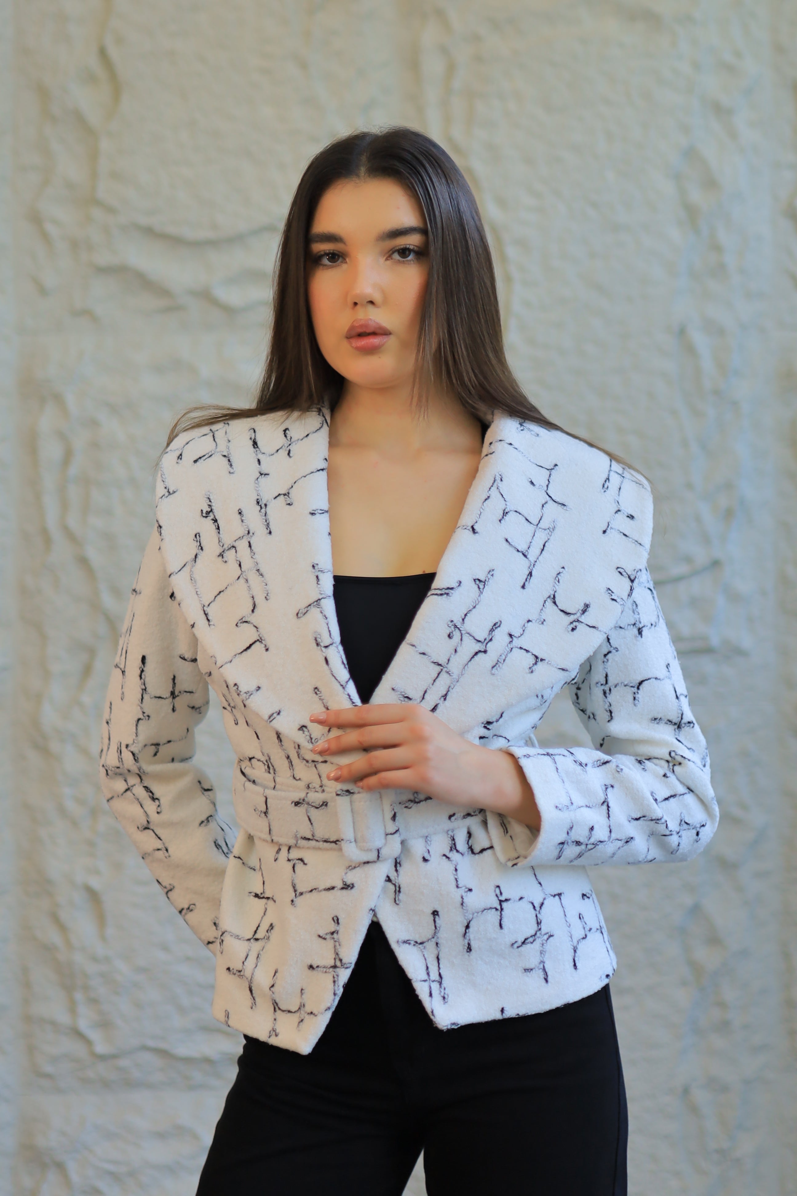 White Textured Belted Jacket