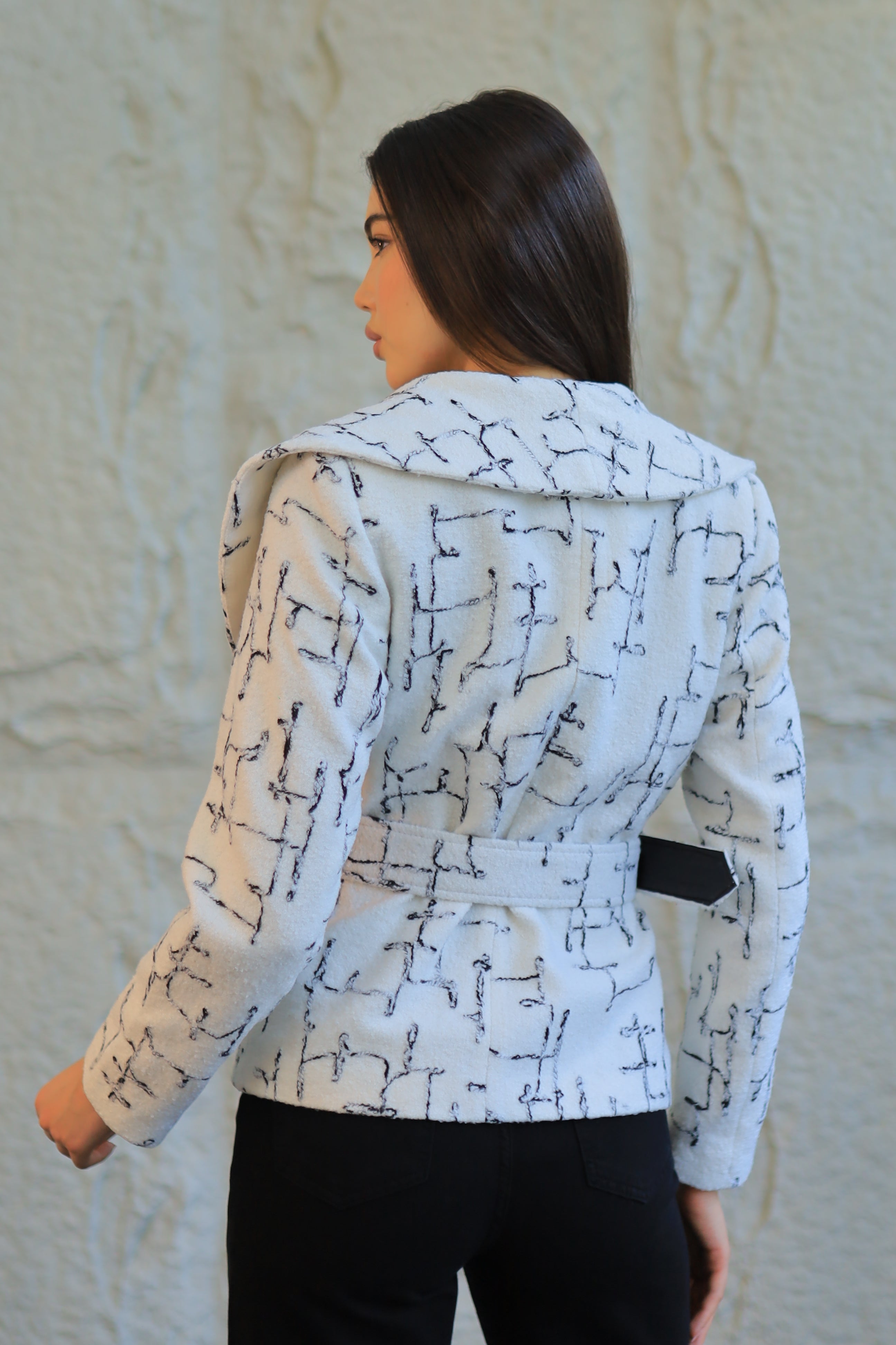 White Textured Belted Jacket