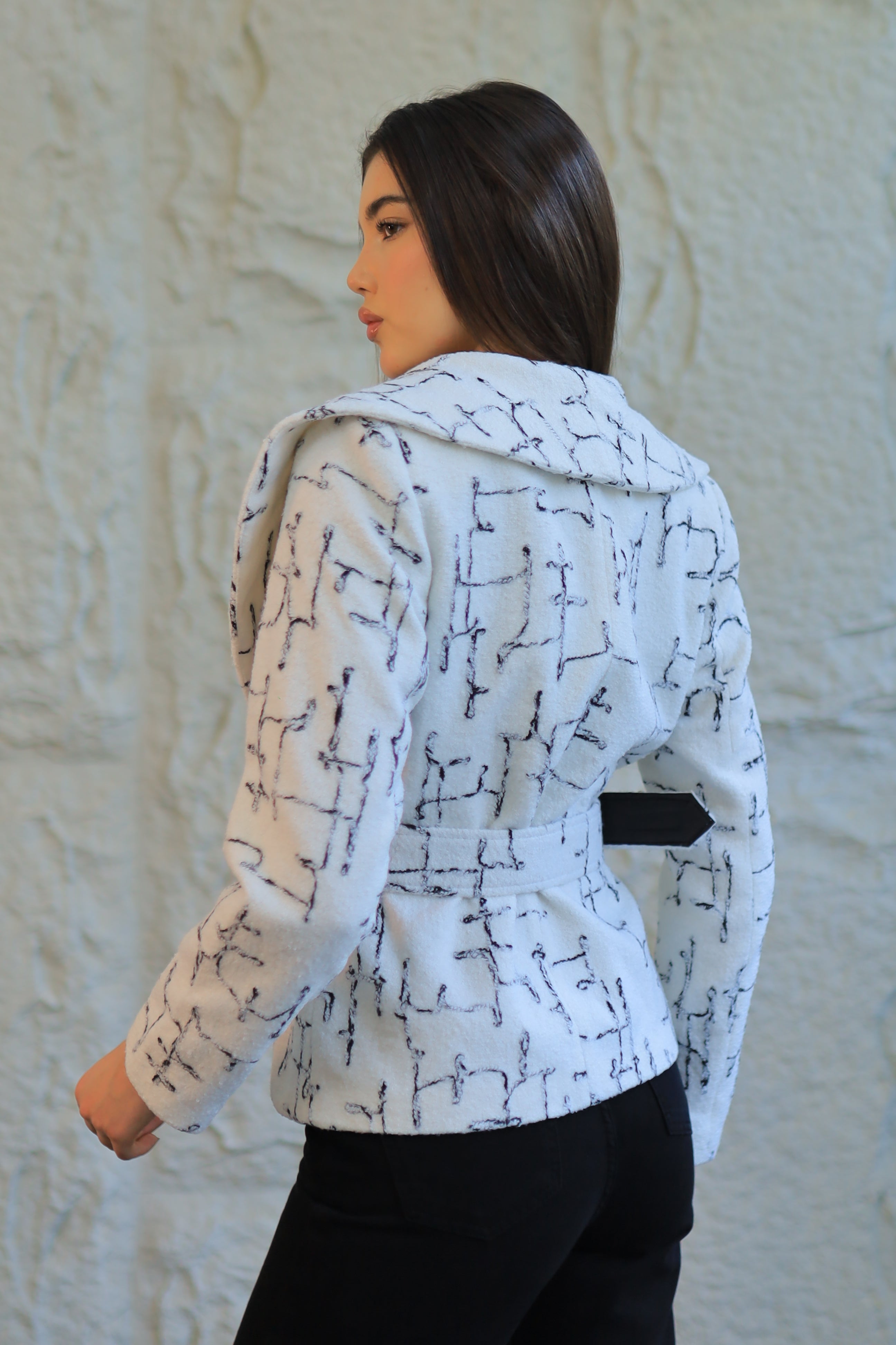 White Textured Belted Jacket