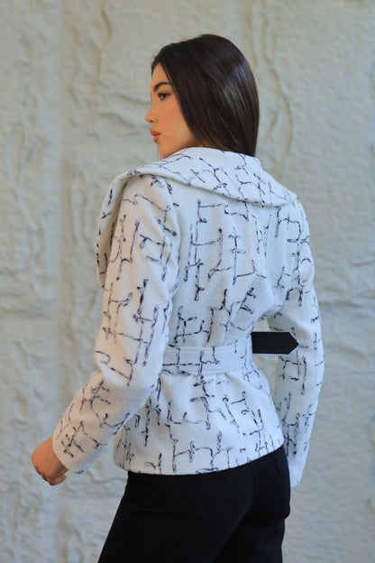 White Textured Belted Jacket