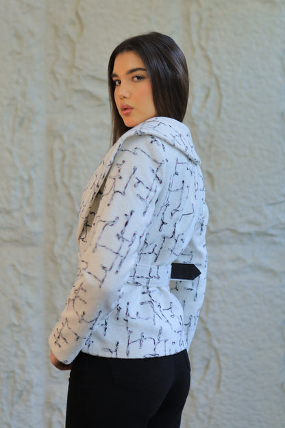 White Textured Belted Jacket