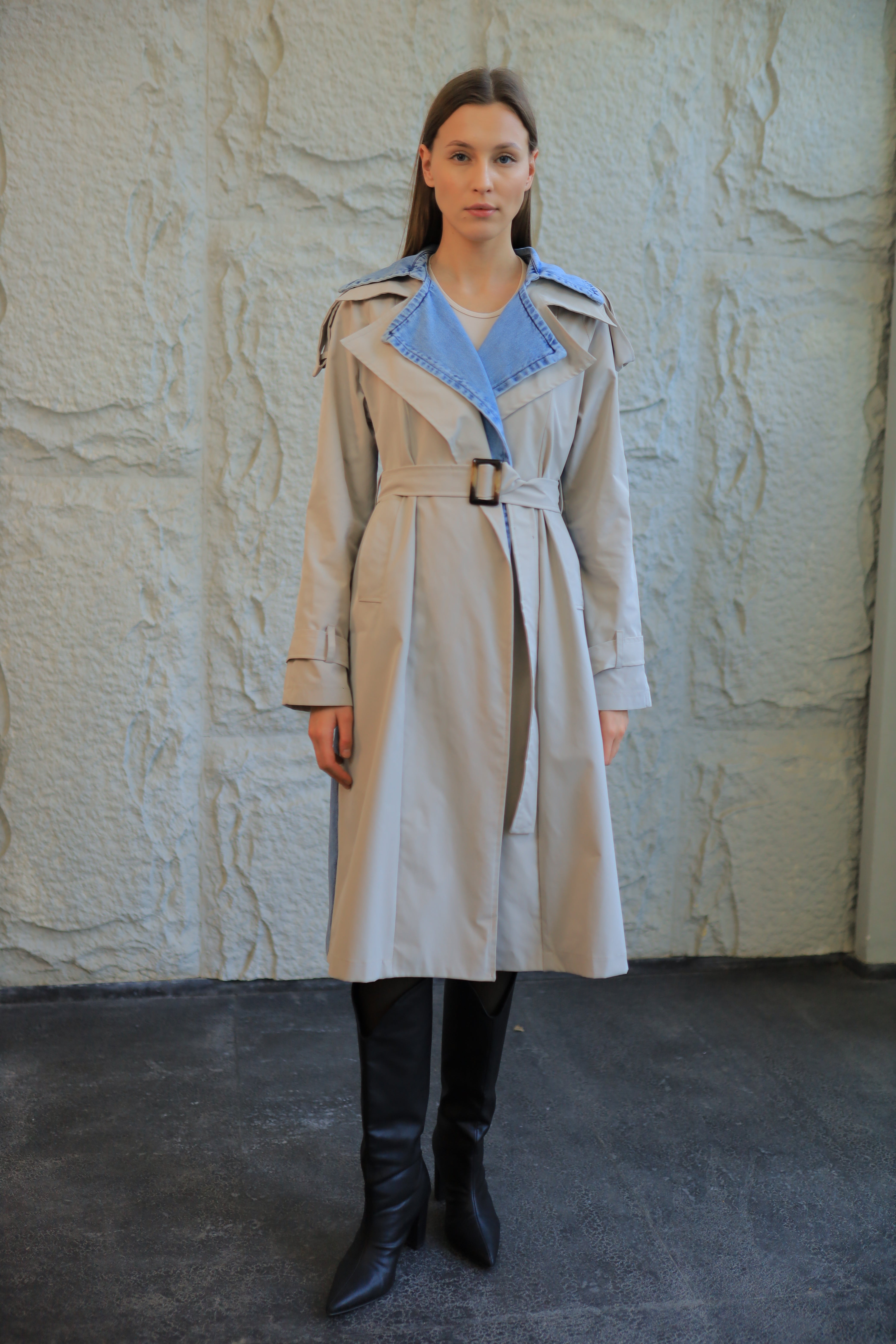 Two-Tone Trench Coat with Full Denim Back