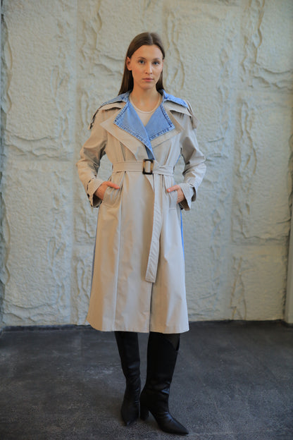 Two-Tone Trench Coat with Full Denim Back