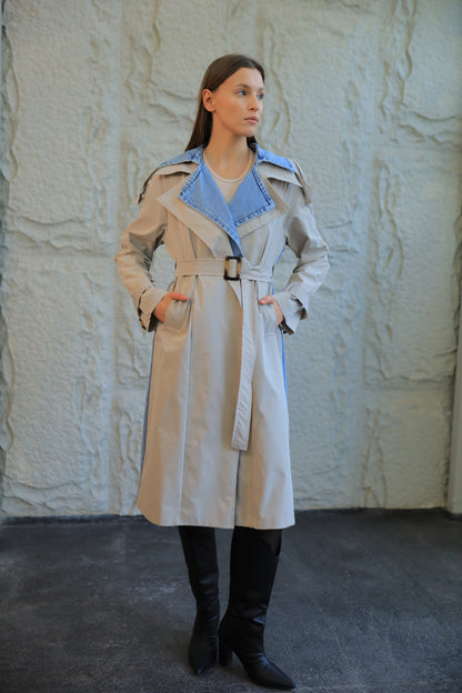 Two-Tone Trench Coat with Full Denim Back