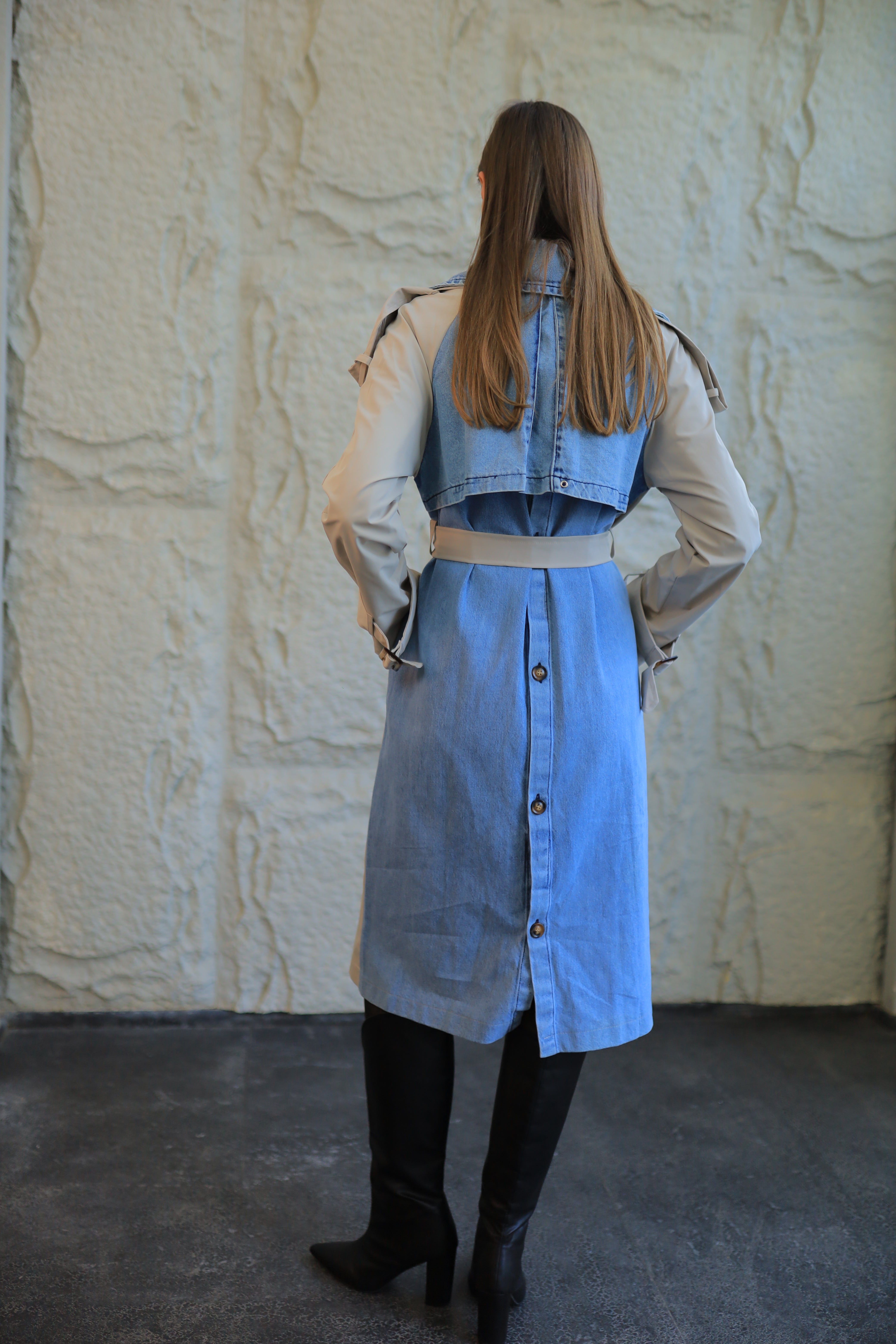 Two-Tone Trench Coat with Full Denim Back