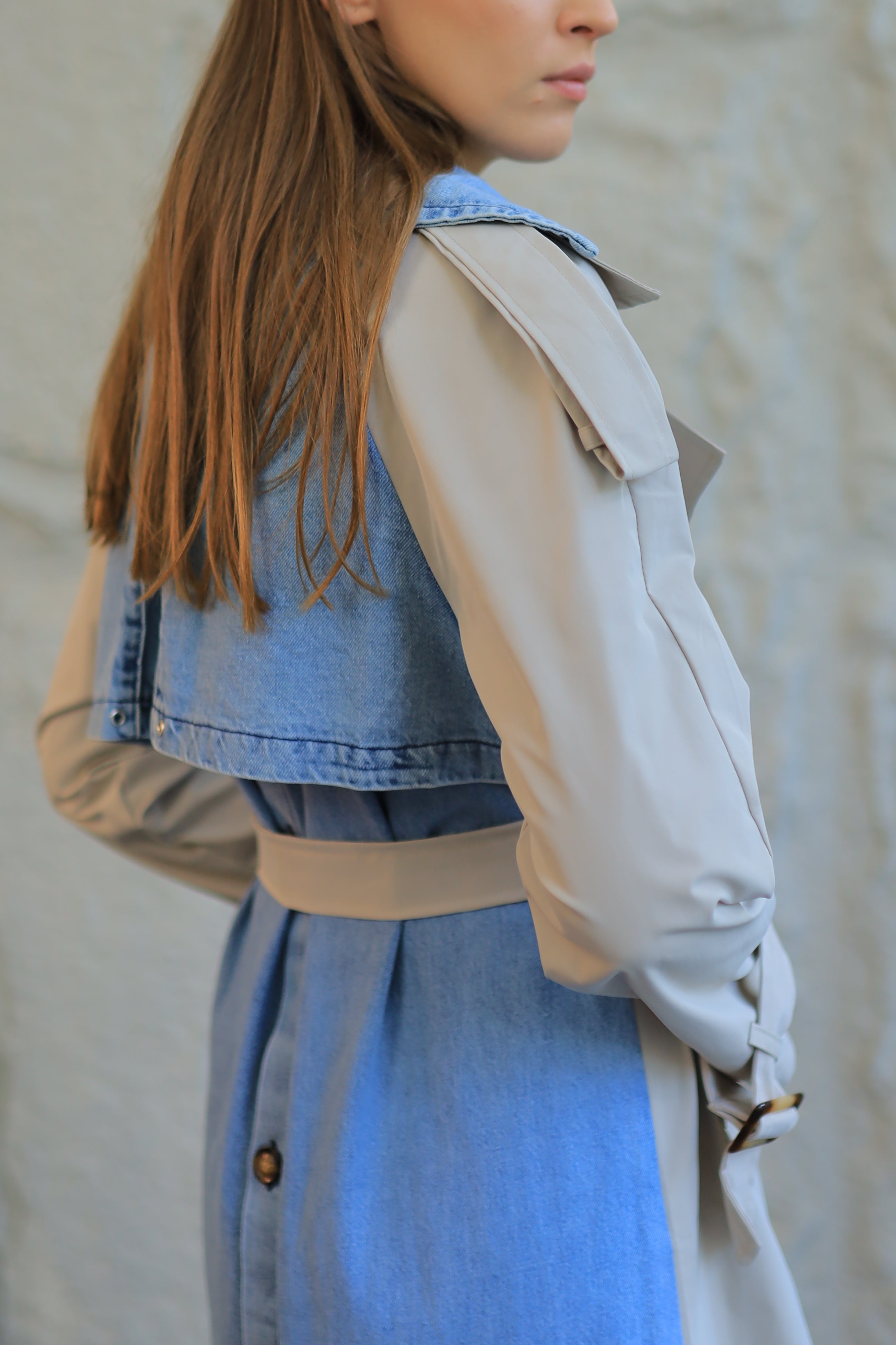 Two-Tone Trench Coat with Full Denim Back