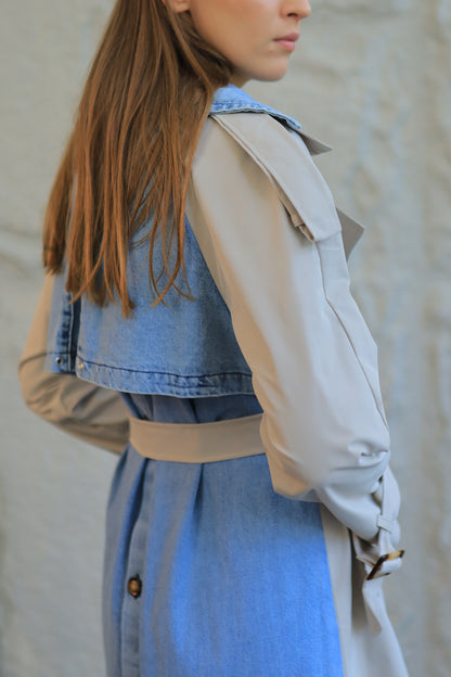 Two-Tone Trench Coat with Full Denim Back