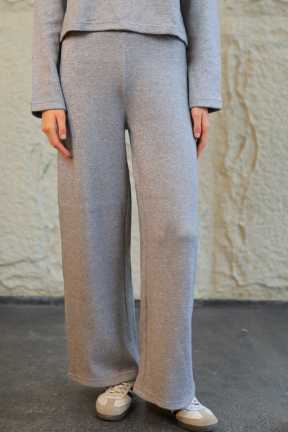 Sheer Wide-Leg Cozy Knit Pants - silver Grey